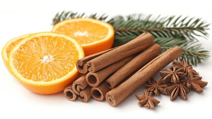 A visually appealing arrangement featuring sliced oranges, cinnamon sticks, anise stars, and pine leaves against a white background.