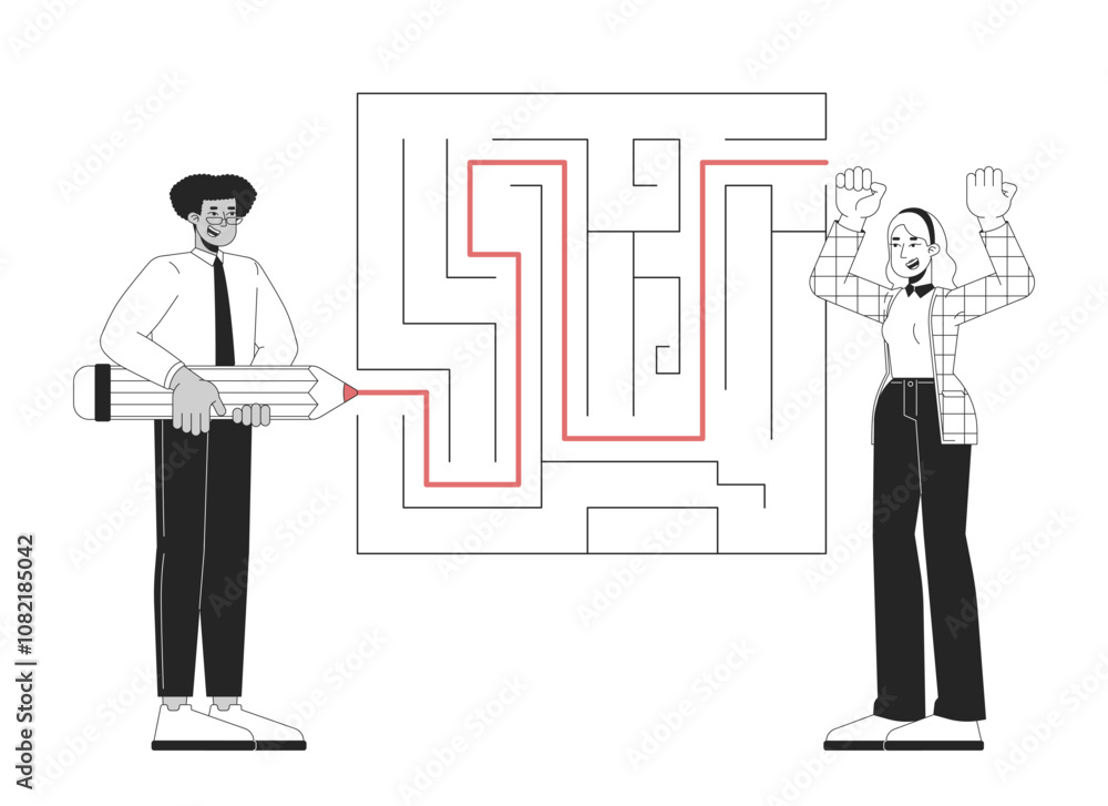 Poster problem solving black and white 2d illustration concept. business project development. positive dive