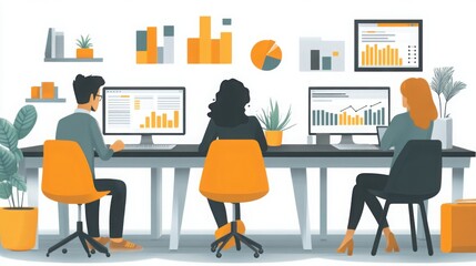 A diverse group of individuals focused on data analysis at their desks, engaging with charts and graphs on computer screens in a bright workspace.