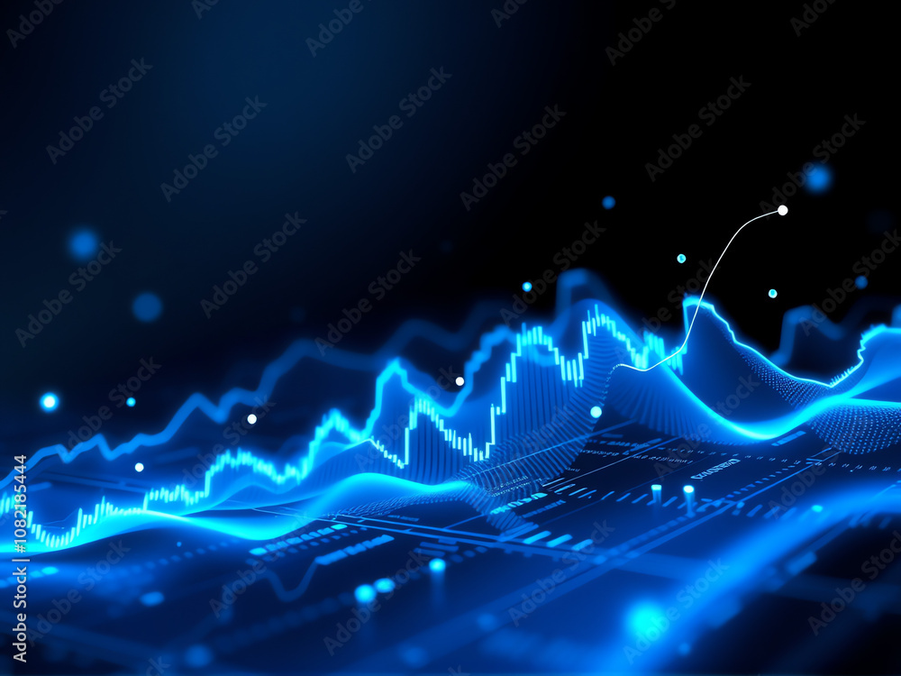 Poster dynamic blue waveform on a dark background illustrating data trends and fluctuations in a digital en