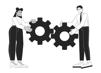 Making things happen black and white 2D illustration concept. Teamwork improvement. Positive young coworkers connecting cogwheels outline characters isolated. Metaphor monochrome vector art