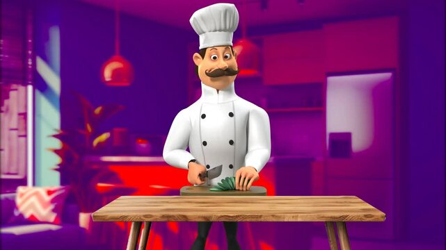 A 3D Cartoon Chef is cutting up a piece of vegitable