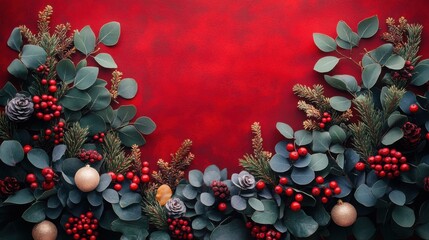A beautiful arrangement of pine branches, red berries, and decorative elements on a red background, perfect for festive celebrations.