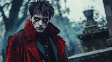Male vampire in a dramatic red coat exuding a chilling atmosphere with blood perfect for a spooky Halloween theme