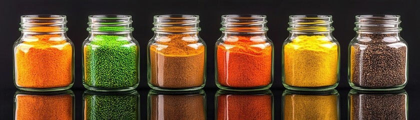 Glass jars with colored spices on a reflective black surface, minimalist modern, studio lighting, ultra-sharp