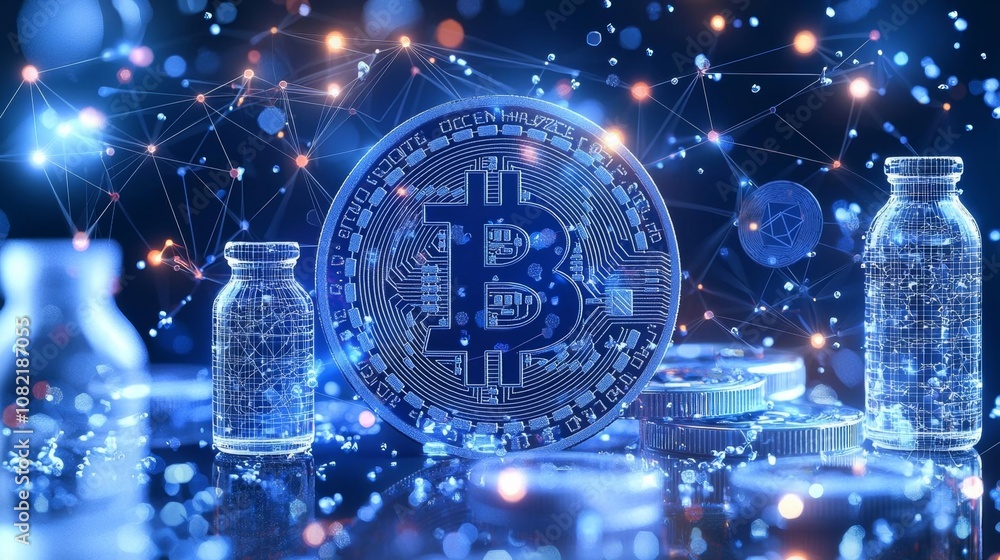 Poster bitcoin blockchain crypto currency digital encryption, digital money exchange, technology global net
