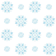 Blue snowflakes seamless pattern. Hand drawn watercolor illustration. Ice stars for Christmas or New Year design. Winter holiday snowing endless background. Template for wallpaper, wrapping, fabric.