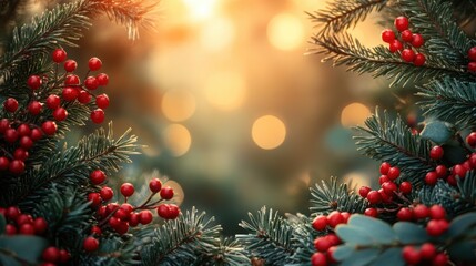 A stunning holiday-themed image showcasing vibrant red berries amidst soft-focus evergreen branches, creating a warm festive atmosphere.