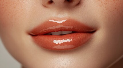 Close up of lips in natural hues with a gentle gloss highlighting their ideal shape and luminous skin