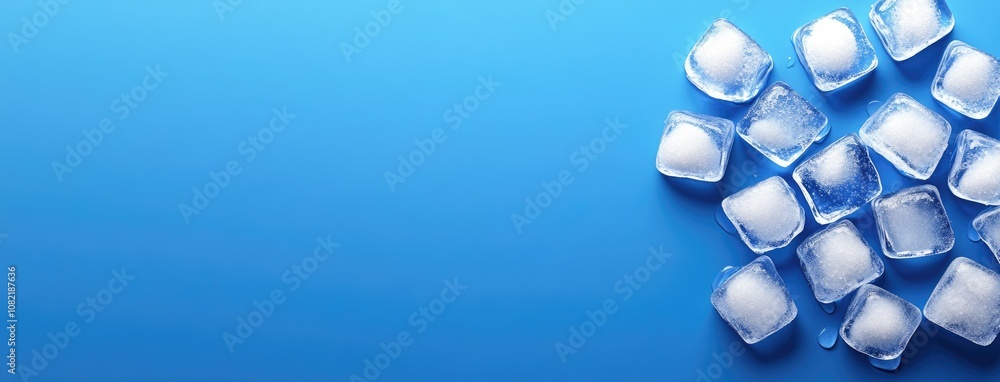 Aufkleber aesthetic top view of ice cubes on a vibrant blue background with droplets, creating a calming and r