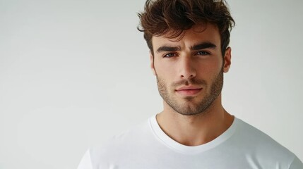 Obraz premium Stylish male model in t shirt posing in front of a clean white backdrop