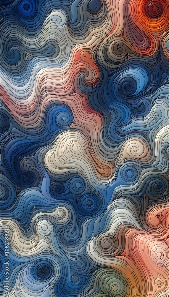 Poster colorful swirling abstract art with intricate patterns displayed against a dark background, showcasi