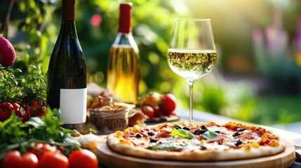 Delectable pizza paired with exquisite wine in an outdoor garden setting Focus on the appetizing Italian cuisine and revitalizing drink perfect for a delightful al fresco dining experience