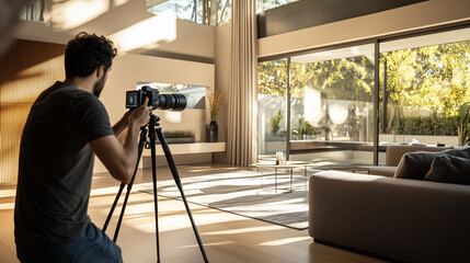 A professional real estate photographer setting up a tripod and camera inside a modern living room