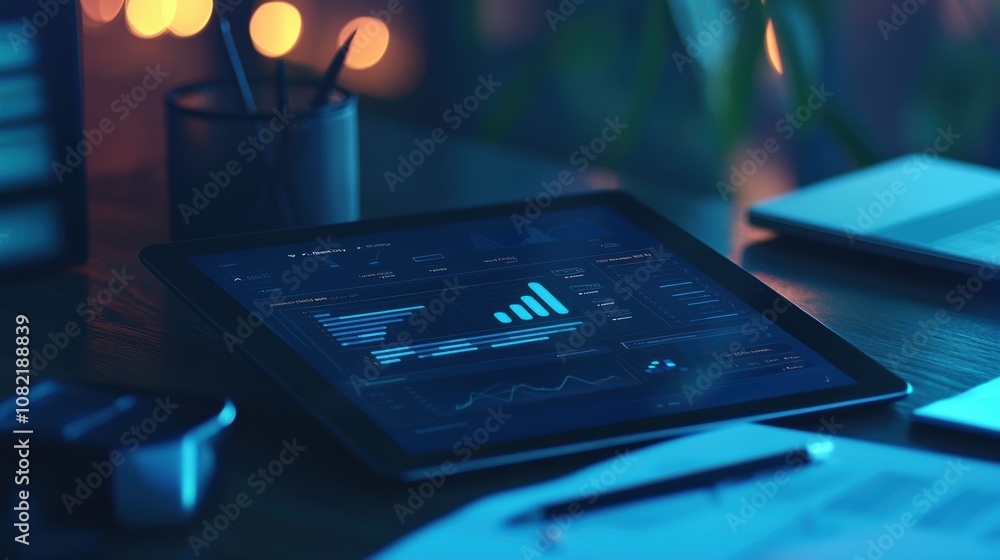 Poster analyzing business performance data on tablet in modern office environment digital dashboard overvie