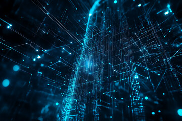 An abstract digital background featuring a 5G tower, highlighted by connecting data points in blue and black colors
