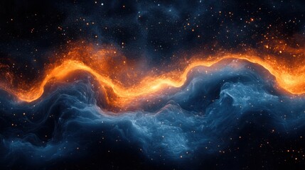 A stunning cosmic illustration featuring swirling colors of orange and blue against a backdrop of stars and space. Perfect for creative projects.