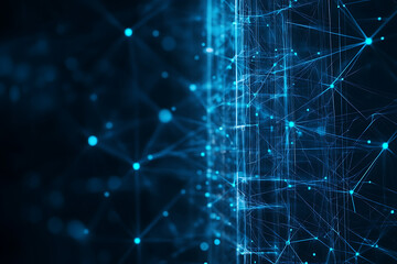 An abstract digital background featuring a 5G tower, highlighted by connecting data points in blue and black colors
