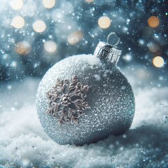 boule de no&euml;l givr&eacute;e pos&eacute;e dans la neige
