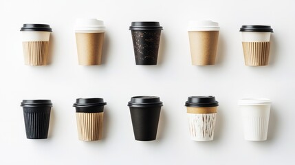 Collection of assorted take away cups filled with various black coffee types presented against a clean white background