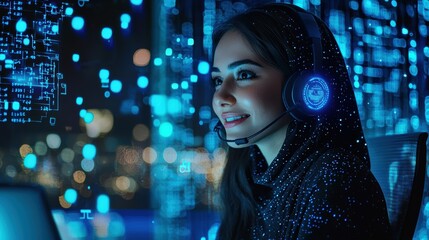 Engaging virtual support interaction high-tech office digital portrait futuristic environment close-up viewpoint technology and communication concept