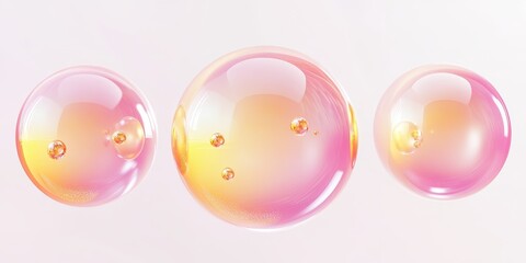 3D, shiny, cartoon-style illustration of three round, pink and yellow gradient bubbles with gold gems inside, soft lighting highlighting the contours of each bubble. Designs are used for various appli