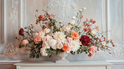 Fototapeta premium Elegant floral arrangement on a table with a wall backdrop perfect for showcasing text or artwork