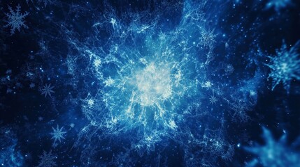Fototapeta premium Snowflakes and stars on a deep blue winter background, with an open space in the center for text.