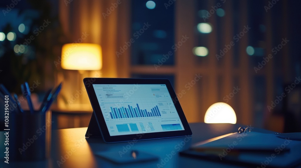 Poster data analysis dashboard displaying insights home office digital workspace evening ambience close-up 