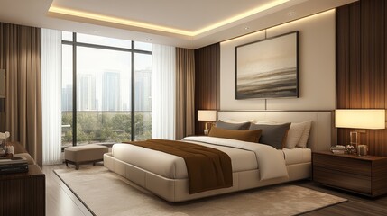 Modern bedroom interior design featuring cream white and brown hues complemented by artwork on the wall