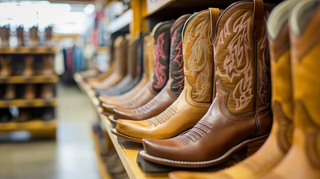 A row of traditional cowboy boots for sale in a Western wear store in Dallas, Texas. Classic western fashion footwear, showcasing a variety of styles and colors in the heart of Texas