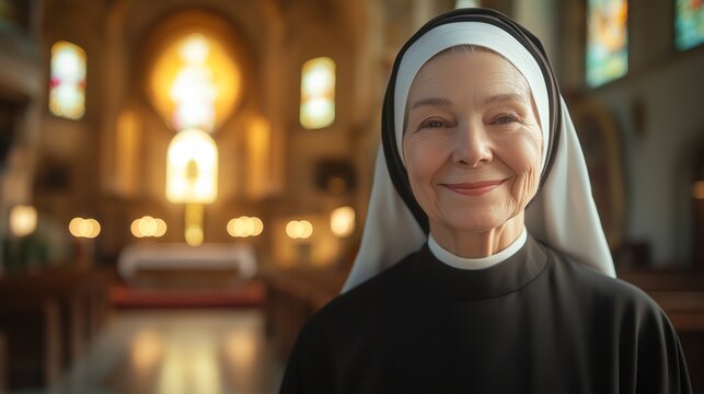Smiling nun in traditional habit standing inside church with stained glass window, radiating faith, devotion, and joy. Religious setting for themes of spirituality, community, and reverence