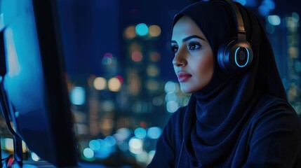 Focused gamer engaged in online competition urban setting digital media nighttime ambiance close-up perspective technology and gaming culture