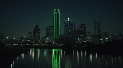 Obraz premium Stunning Dallas skyline with vibrant city lights reflecting on the calm waters of the Trinity River. A beautiful urban landscape showcasing modern architecture and the iconic cityscape at night