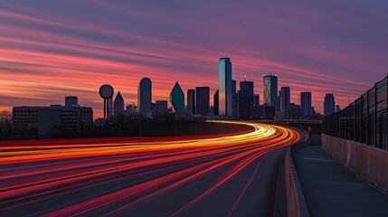 Fototapeta premium Beautiful view of Dallas downtown skyline and highway at dawn, showcasing the modern cityscape with glowing lights and early morning atmosphere, reflecting the dynamic spirit of Texas