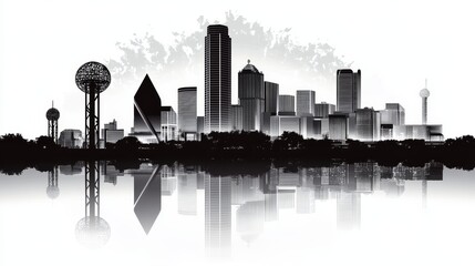 Dallas skyline silhouette with iconic landmarks, in a stylish black and white vector design. Urban cityscape representing the heart of Texas, featuring Dallas' famous structures, modern architecture