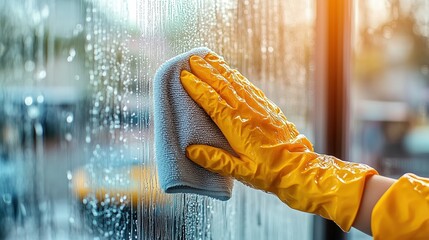 A hand in a yellow glove wipes down a wet glass surface with a gray microfiber cloth, creating a streak-free finish.
