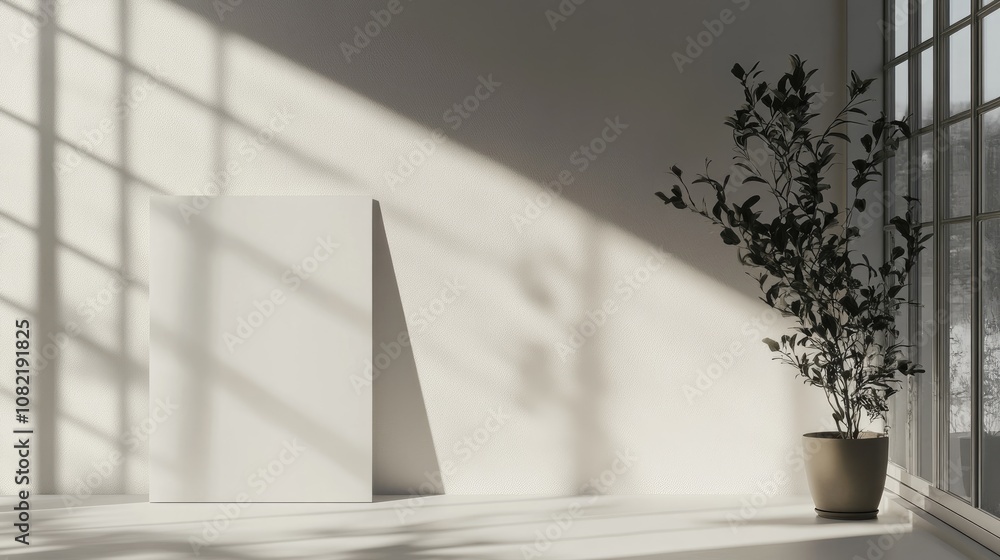 Poster a standing brochure mockup displayed in a bright minimalist environment with gentle shadows cast by 
