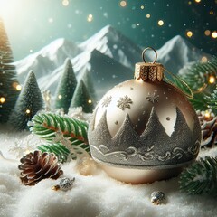 boule de noel dor&eacute;e avec des d&eacute;corations de sapin  pos&eacute;e dans un paysage enneig&eacute;