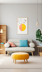 Modern Living Room Interior Design with Yellow Ottoman and Grey Sofa