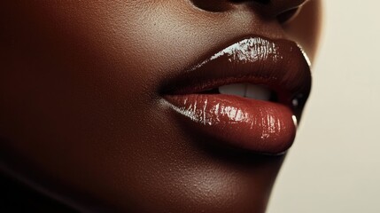 Obraz premium Close up of lips in natural hues with a gentle gloss highlighting their ideal shape and luminous skin
