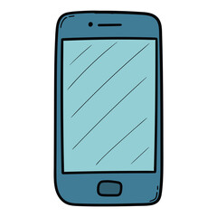 Hand drawn cartoon blue mobile phone or smartphone on white background.