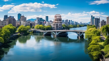 Fototapeta premium Unveiling the Timeless Beauty: The Atomic Bomb Dome and Motoyasu River in Hiroshima, Japan
