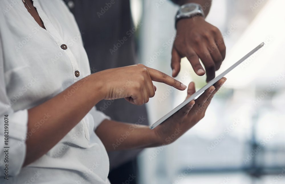 Aufkleber hands, tablet and team with scroll in office for project, planning or point at startup company. peop