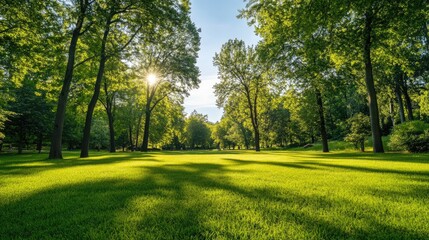 Obraz premium A spacious grassy area bordered by trees on a sunny day