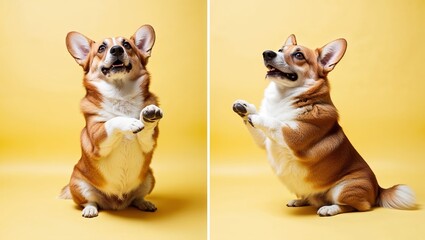 Pembroke welsh corgi dog sitting on hind legs and begging something, looking at free space isolated on yellow background, side view
