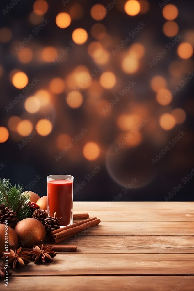 Poster empty wooden desk with space for product in background blurred mulled wine with spices ai generated 