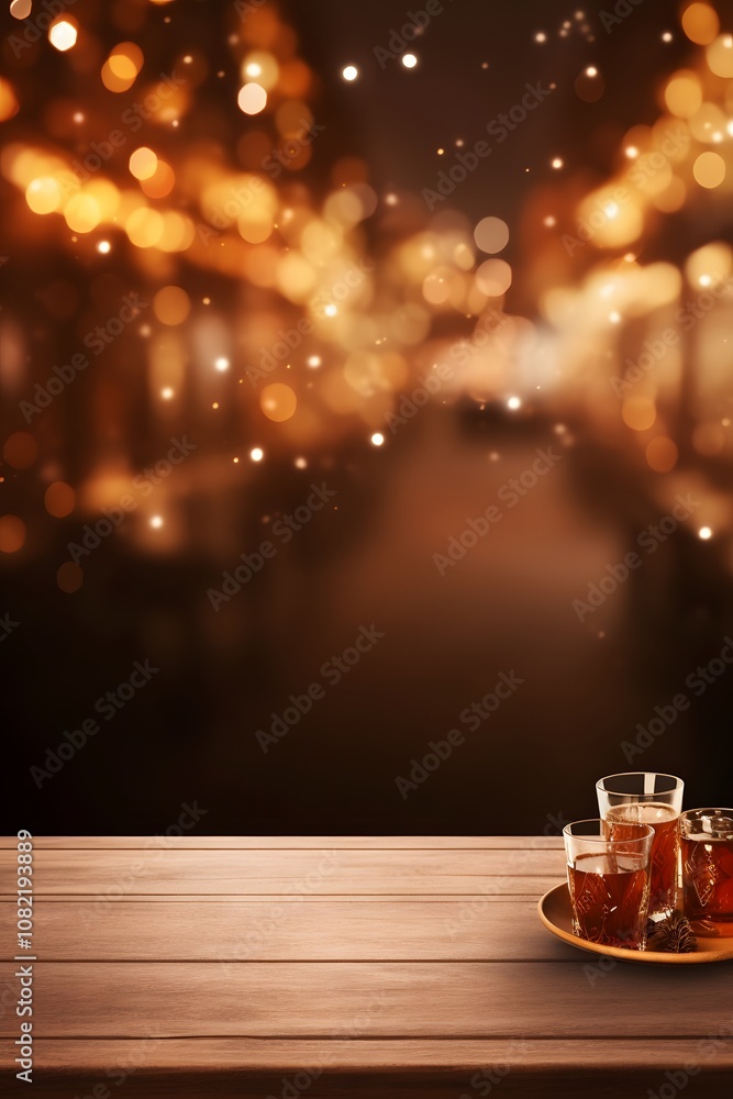 Poster empty wooden desk with space for product in background blurred mulled wine with spices ai generated 