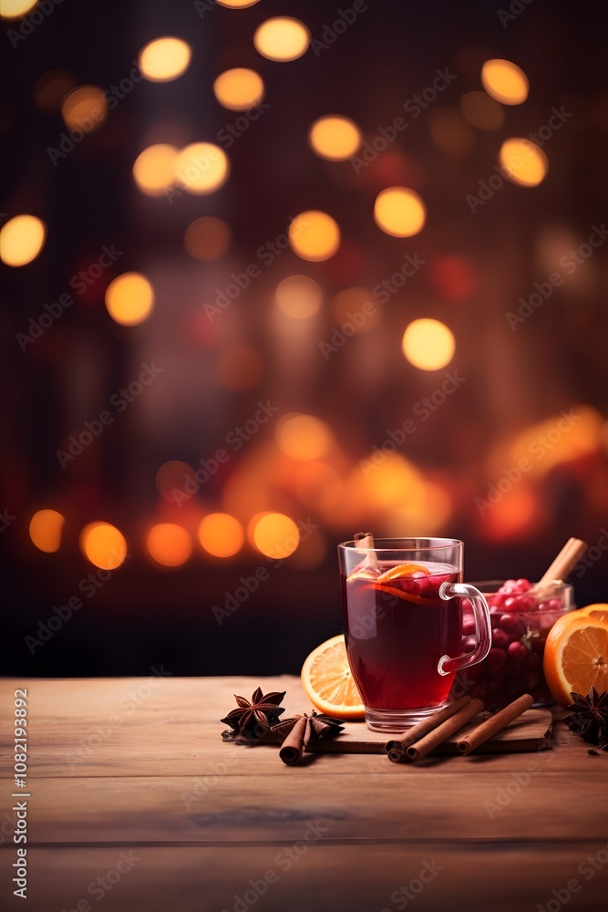 Poster empty wooden desk with space for product in background blurred mulled wine with spices ai generated 