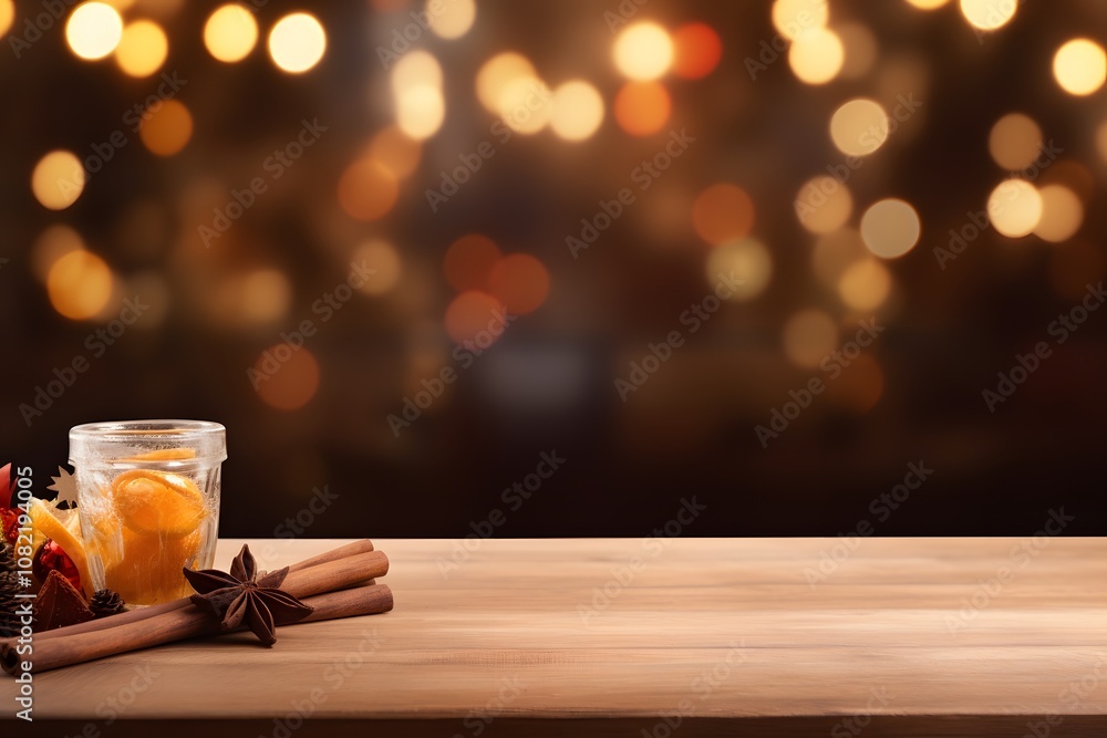 Poster empty wooden desk with space for product in background blurred mulled wine with spices ai generated 